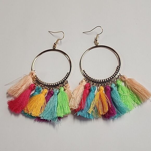 Bohemian Circle Dangle Tassel Multicolor Womens Earrings Gold Tone Lightweight - Picture 1 of 3